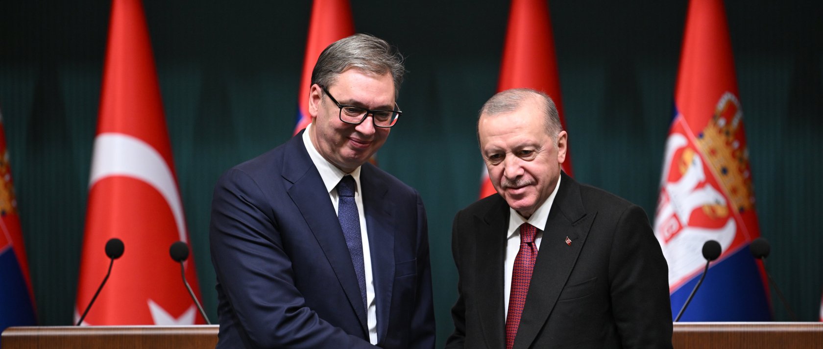 President Recep Tayyip Erdoğan and Serbian President Aleksandar Vucic shake hands after discussions in Ankara, Feb. 12, 2026. (AA Photo)