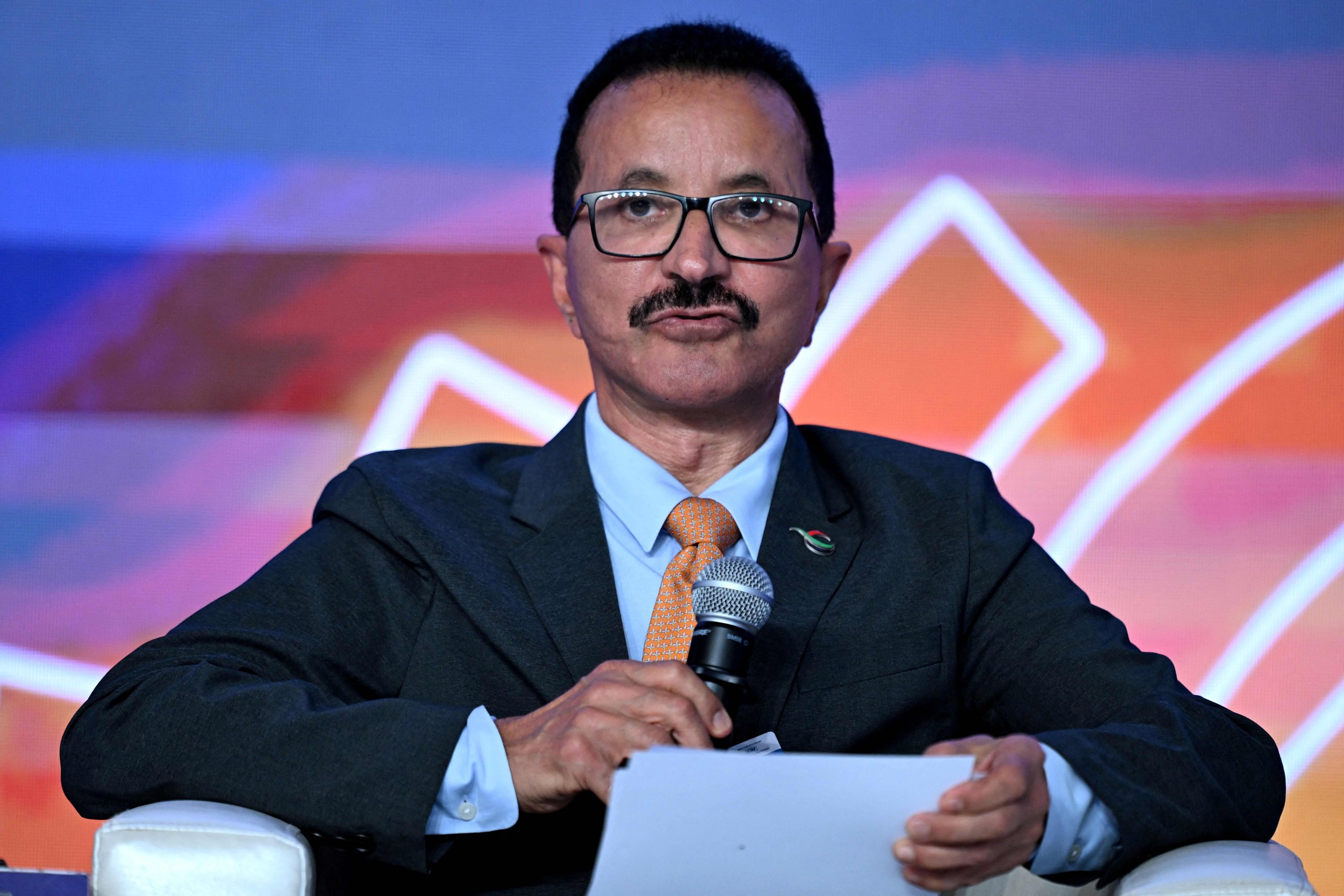 Sultan Ahmed Bin Sulayem, chair and CEO of DP World, addresses the gathering on the first day of the three-day B20 Summit in New Delhi, India, Aug. 25, 2023. (AFP Photo)