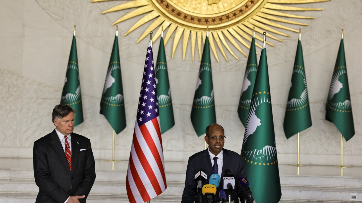 African Union Commission (AUC) chairperson Mahamoud Ali Youssouf speaks during a joint press conference with the U.S. Deputy Secretary of State Christopher Landau at the African Union headquarters, Addis Ababa, Ethiopia, Jan. 28, 2026. (Reuters Photo)