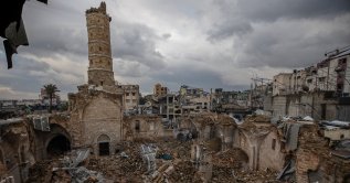 A view of the Great Omari Mosque in Gaza City after it was damaged by an Israeli strike, Gaza Strip, Palestine, Dec. 2, 2025. (AP Photo)