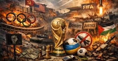 This AI-generated illustration shows a chaotic, maximalist collage that explores the collision of global sports and politics. (Daily Sabah Illustration)