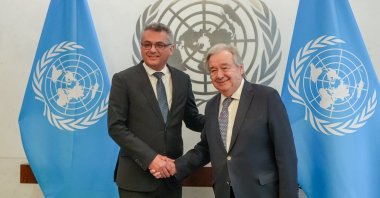 Turkish Republic of Northern Cyprus (TRNC) President Tufan Erhürman (L) meets with U.N. Secretary-General Antonio Guterres, New York, U.S, Feb. 11, 2026. (AA Photo)