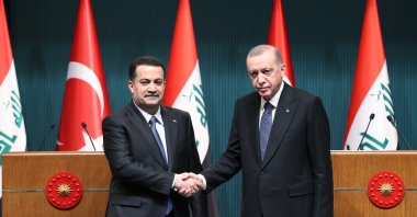 President Recep Tayyip Erdoğan shakes hands with Iraqi Prime Minister Mohammed S. Al Sudani during a meeting in the capital Ankara, Türkiye, March 22, 2023. (DHA File Photo)