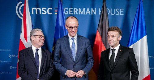 German Chancellor Friedrich Merz with French President Emmanuel Macron and British Prime Minister Keir Starmer during a meeting at the 62nd Munich Security Conference, Feb. 13, 2026. (EPA Photo)
