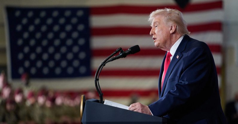 U.S. President Donald Trump speaks during a visit to the Fort Bragg U.S. Army base, in Fort Bragg, North Carolina, Feb. 13, 2026. (AFP Photo)