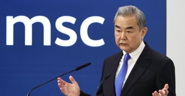 Chinese Foreign Minister Wang Yi speaks during the 62nd Munich Security Conference (MSC) at the hotel 'Bayerischer Hof', in Munich, Germany, Feb. 14, 2026. (EPA Photo)