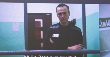Russian opposition politician Alexei Navalny appears on a screen via video link from the IK-6 penal colony in the Vladimir region, during a court hearing to consider an appeal against his sentence in the criminal case on numerous charges, including the creation of an extremist organization, in Moscow, Russia, Sept. 26, 2023. (Reuters Photo)