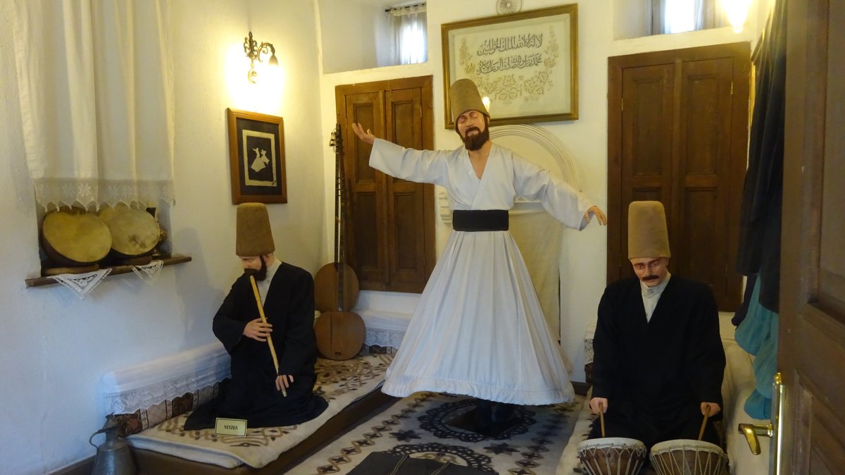 Wax figures depicting a whirling dervish (C), a ney player (L) and a kudum player (R) at the Afyonkarahisar Museum, Afyonkarahisar, Türkiye, Feb. 24, 2024. (Photo by A. Peter Dore)