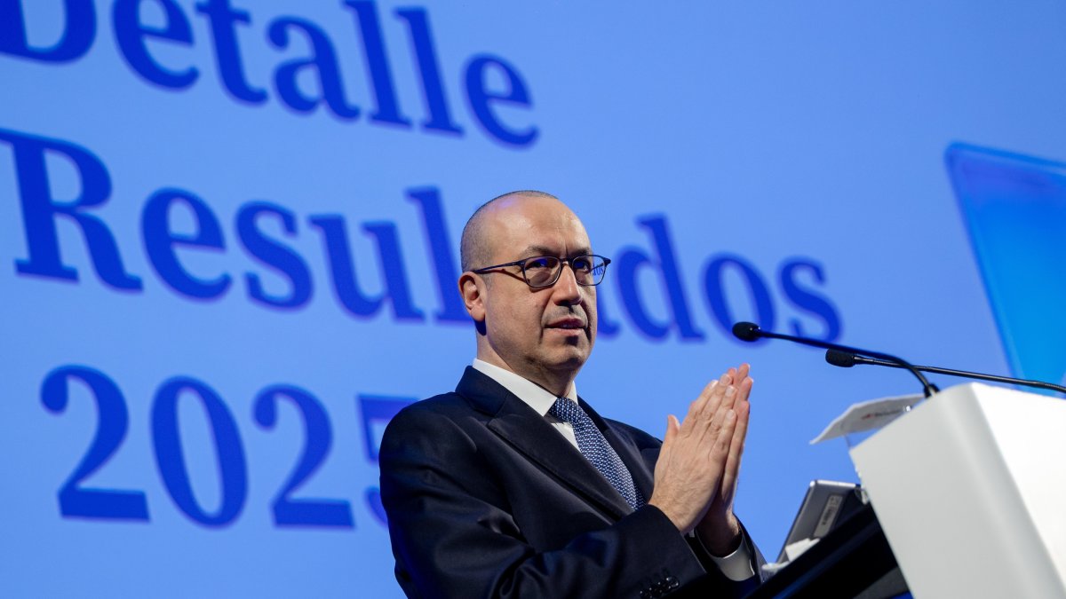 BBVA CEO Onur Genç speaks during the presentation of the BBVA 2025 results, Madrid, Spain, Feb. 5, 2026. (EPA Photo)