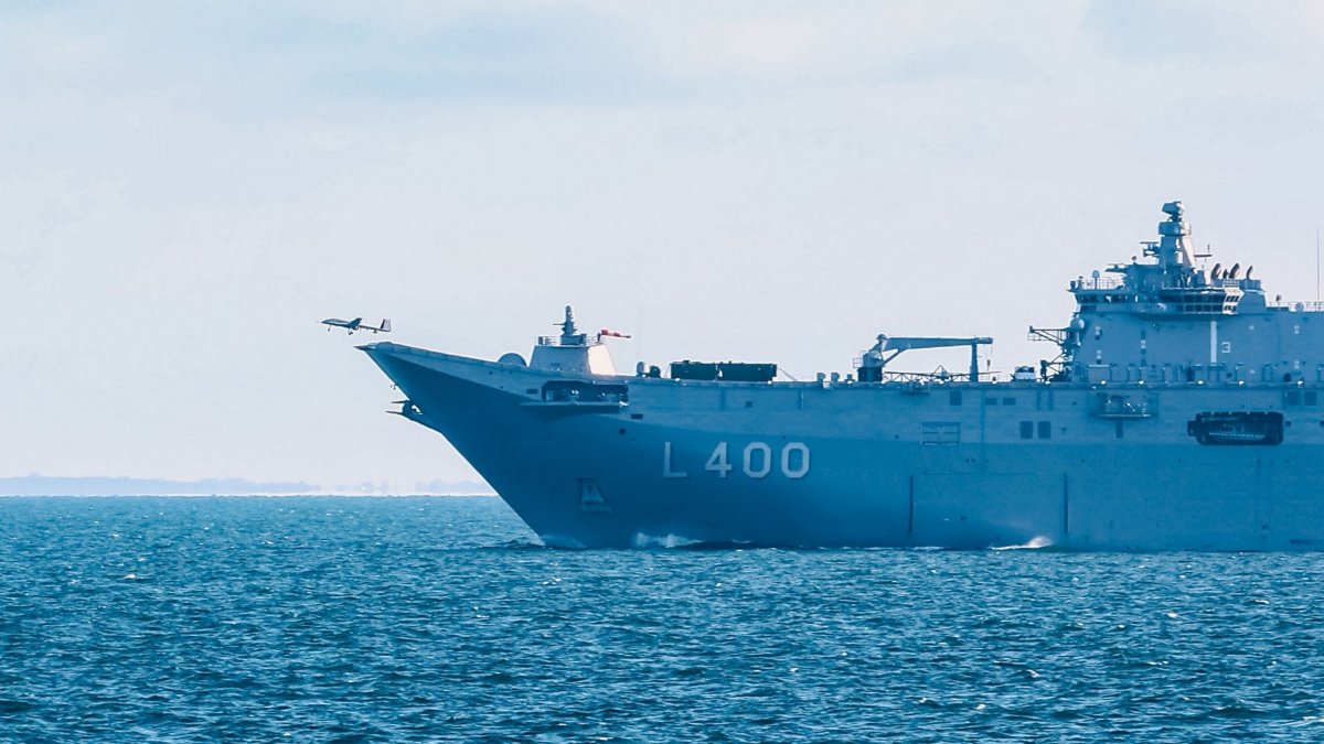 A Bayraktar TB3 UCAV takes off from the TCG Anadolu, Türkiye's drone carrier and largest warship, during NATO Steadfast Dart 2026 exercise, Baltic Sea, Feb. 15, 2026. (AA Photo/Baykar Handout)