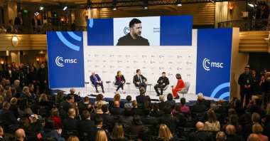 (L-R) US Senator Roger F. Wicker, European Parliament President Roberta Metsola, NATO Secretary General Mark Rutte and Ukraine President Volodymyr Zelenskyy and Moderator Christiane Amanpour attend a panel discussion during the 62nd Munich Security Conference (MSC) at the hotel 'Bayerischer Hof', in Munich, Germany, Feb. 14, 2026. (EPA Photo)