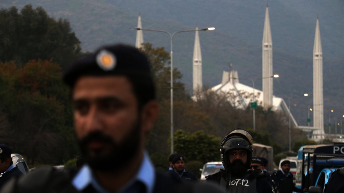 Pakistani security officials stand guard during a protest over the Islamabad mosque attack, Islamabad, Pakistan, Feb. 8, 2026. (EPA Photo)