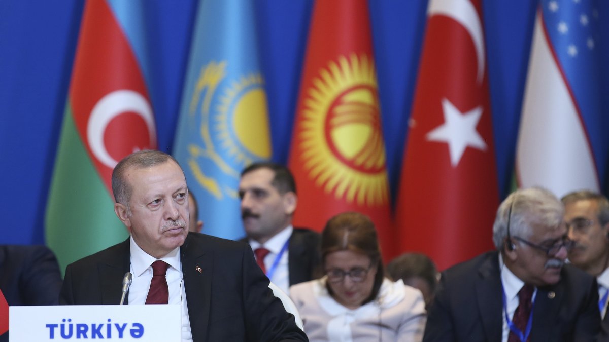 President Recep Tayyip Erdogan attends the VII Summit of the Cooperation Council of Turkic Speaking States, Baku, Azerbaijan, Oct. 15, 2019. (AP Photo)