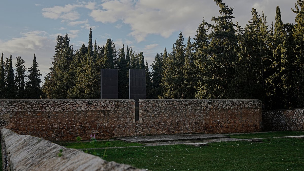 The execution wall at the Kaisariani Shooting Range where 200 Greek communist political prisoners were executed by Nazi forces on May 1, 1944, in the Kaisariani suburb of Athens, Feb. 16, 2026. (AP Photo)