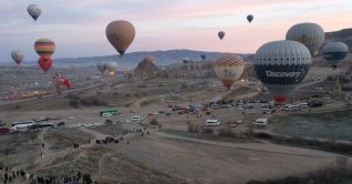 Colorful hot air balloons fill the sky, offering a unique view of the region’s landscapes in Cappadocia, Türkiye, Feb. 15, 2026. (AA Photo)