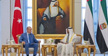 President Recep Tayyip Erdoğan meets with United Arab Emirates (UAE) President Sheikh Mohamed bin Zayed Al Nahyan (R), Abu Dhabi, UAE, July 18, 2023. (AFP Photo)