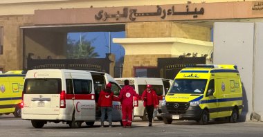 Egyptian ambulances go through the Rafah border crossing on the Egyptian side, Rafah, Egypt, Feb. 10, 2026. (Reuters Photo)