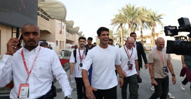 Spanish tennis player Carlos Alcaraz (C) tours during the Formula 1 pre-season testing at Bahrain International Circuit, Sakhir, Bahrain,  Feb. 12, 2026. (EPA Photo)