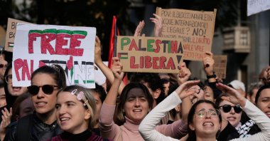 Pro-Palestinian demonstrators hold banners reading "free Palestine" as they gather for a national general strike called by different unions to protest against the Gaza genocide, Milan, Italy, Oct. 3, 2025. (AP Photo)