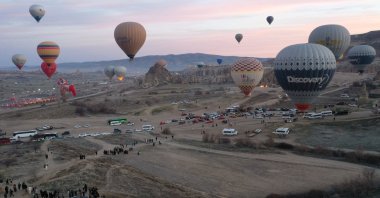 Colorful hot air balloons fill the sky, offering a unique view of the region’s landscapes in Cappadocia, Türkiye, Feb. 15, 2026. (AA Photo)