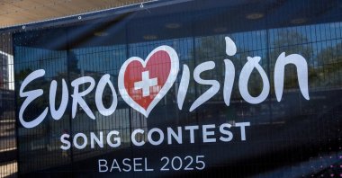 A logo of the Eurovision Song Contest is seen in front of St. Jakobshalle, Basel, Switzerland, May 1, 2025. (Reuters Photo)