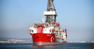 Drilling vessel Çağrı Bey departs from the southern port of Taşucu in Mersin province, Feb. 16, 2026. (AA Photo)