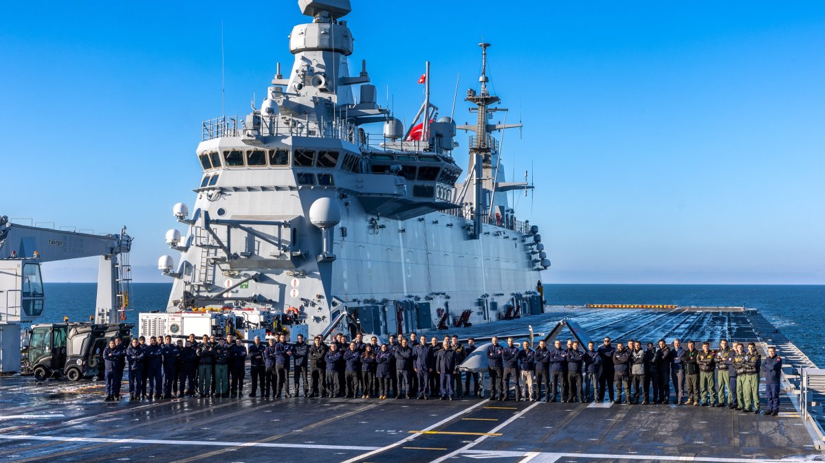 The Bayraktar TB3 UAV, which took off autonomously from the short runway of the TCG Anadolu, made its debut on the world stage as part of NATO's Steadfast Dart 2026 exercise, Baltic Sea, Feb. 14, 2026. (AA Photo)