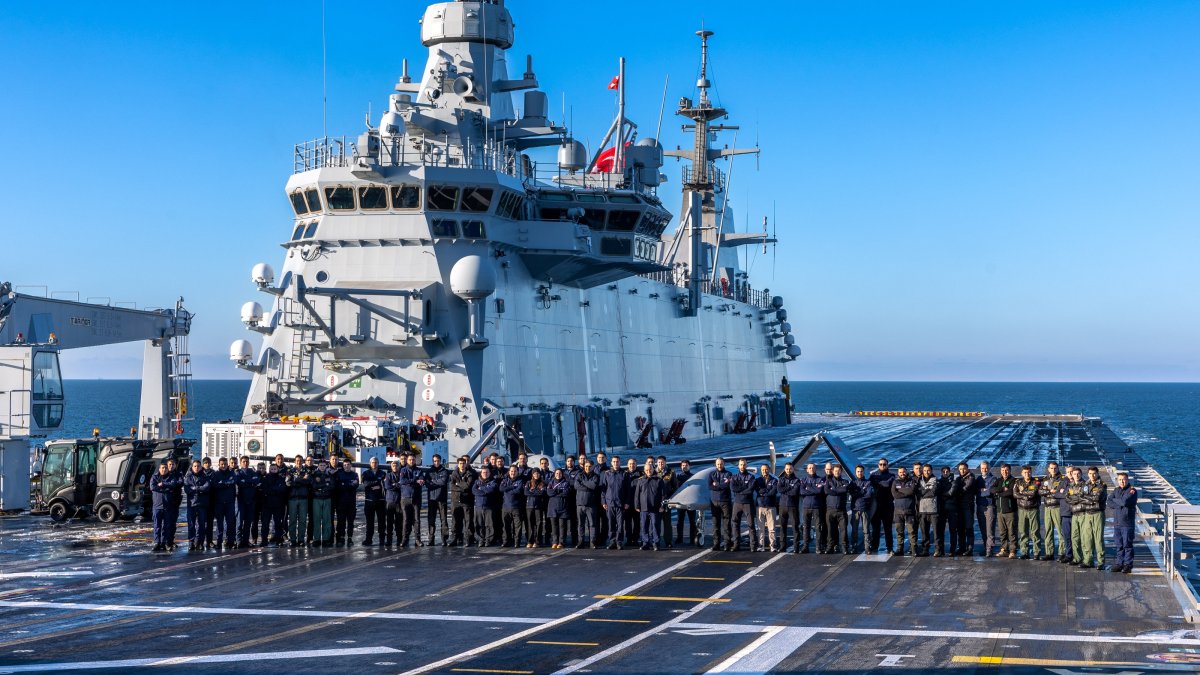 Turkish officers aboard the TCG Anadolu before takeoff of the Bayraktar TB3 UCAV, in the Baltic Sea, Feb. 15, 2026. (AA Photo)
