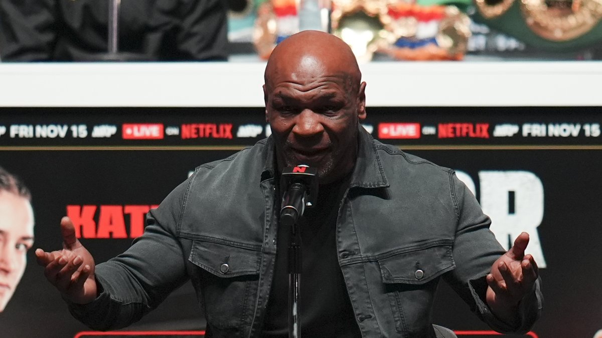 Mike Tyson speaks during a news conference ahead of his fight against Jake Paul, Irving, U.S., Nov. 13, 2024. (AP Photo)