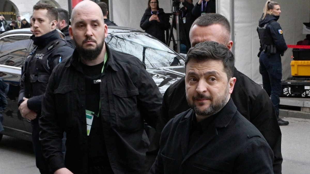 Ukrainian President Volodymyr Zelenskyy arrives for the Munich Security Conference in Munich, Germany, Feb. 13, 2026. (AP Photo)