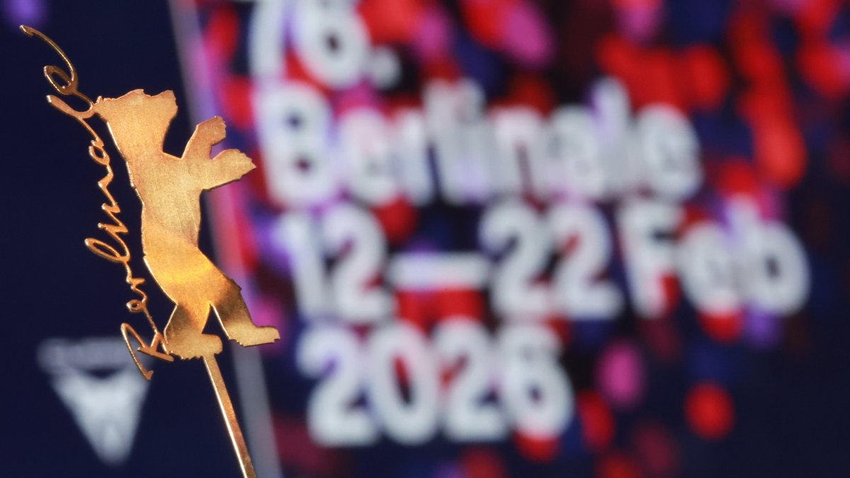 A Golden Berlinale Bear logo at a press conference for 'At the Sea' during the 76th Berlin International Film Festival, in Berlin, Germany, Feb. 16, 2026. (EPA Photo)