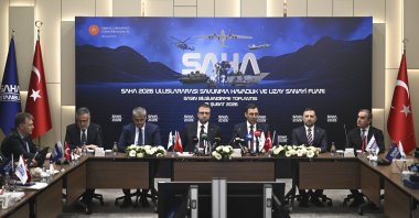 Board members of SAHA Istanbul hold a press conference to present plans for the SAHA 2026 International Defense, Aerospace and Space Industry Fair scheduled for May 5-9 in Istanbul, Ankara Türkiye, Feb. 16, 2026. (AA Photo)