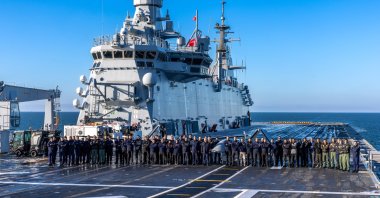 Turkish officers aboard the TCG Anadolu before takeoff of the Bayraktar TB3 UCAV, in the Baltic Sea, Feb. 15, 2026. (AA Photo)