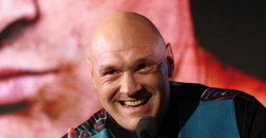 Tyson Fury speaks during the press conference before the match against Arslanbek Makhmudov at Tottenham Hotspur Stadium, London, U.K., Feb. 16, 2026. (Reuters Photo)