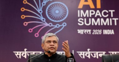 Ashwini Vaishnaw, India's Minister for Railways, Information &amp; Broadcasting and Electronics and Information Technology gestures as he speaks during a press conference at Bharat Mandapam, one of the venues for AI Impact Summit, in New Delhi, India, Feb. 17, 2026. (Reuters Photo)