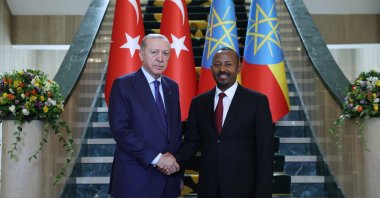 President Recep Tayyip Erdoğan shakes hands with Prime Minister Abiy Ahmed in Addis Ababa, Ethiopia, Feb. 17, 2026. (AA Photo)