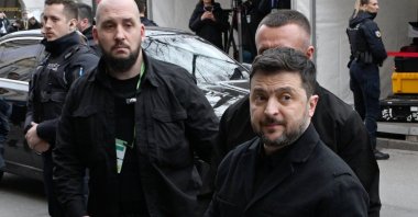 Ukrainian President Volodymyr Zelenskyy arrives for the Munich Security Conference in Munich, Germany, Feb. 13, 2026. (AP Photo)