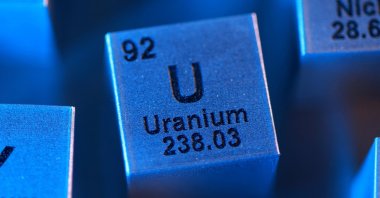 A block with the symbol, atomic number and mass number of Uranium (U) element, in this illustration taken Jan. 21, 2026. (Reuters File Photo)
