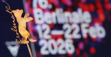 A Golden Berlinale Bear logo at a press conference for 'At the Sea' during the 76th Berlin International Film Festival, in Berlin, Germany, Feb. 16, 2026. (EPA Photo)