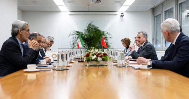 Iran's Foreign Minister Abbas Araghchi (3rd L) and Switzerland's Foreign Minister Ignazio Cassis (2nd R) attend a bilateral meeting between Switzerland and Iran during a second round of US-Iranian talks with U.S. in Geneva, Feb.17, 2026. (AFP Photo)