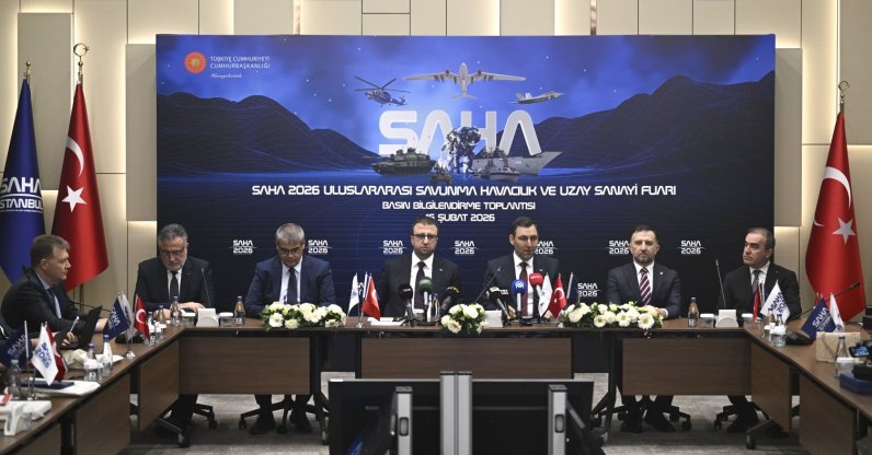 Board members of SAHA Istanbul hold a press conference to present plans for the SAHA 2026 International Defense, Aerospace and Space Industry Fair scheduled for May 5-9 in Istanbul, Ankara Türkiye, Feb. 16, 2026. (AA Photo)