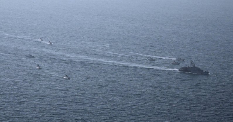 IRGC vessels participate in a military drill in the Persian Gulf, southern Iran, Feb. 16, 2026. (EPA Photo)