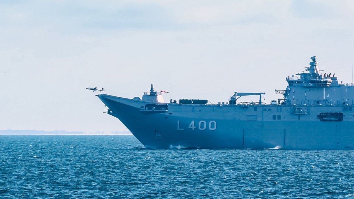 A Bayraktar TB3 armed unmanned aerial vehicle takes off autonomously from the short runway of the TCG Anadolu during NATO’s Steadfast Dart 2026 exercise, Feb. 15, 2026. (DHA Photo)