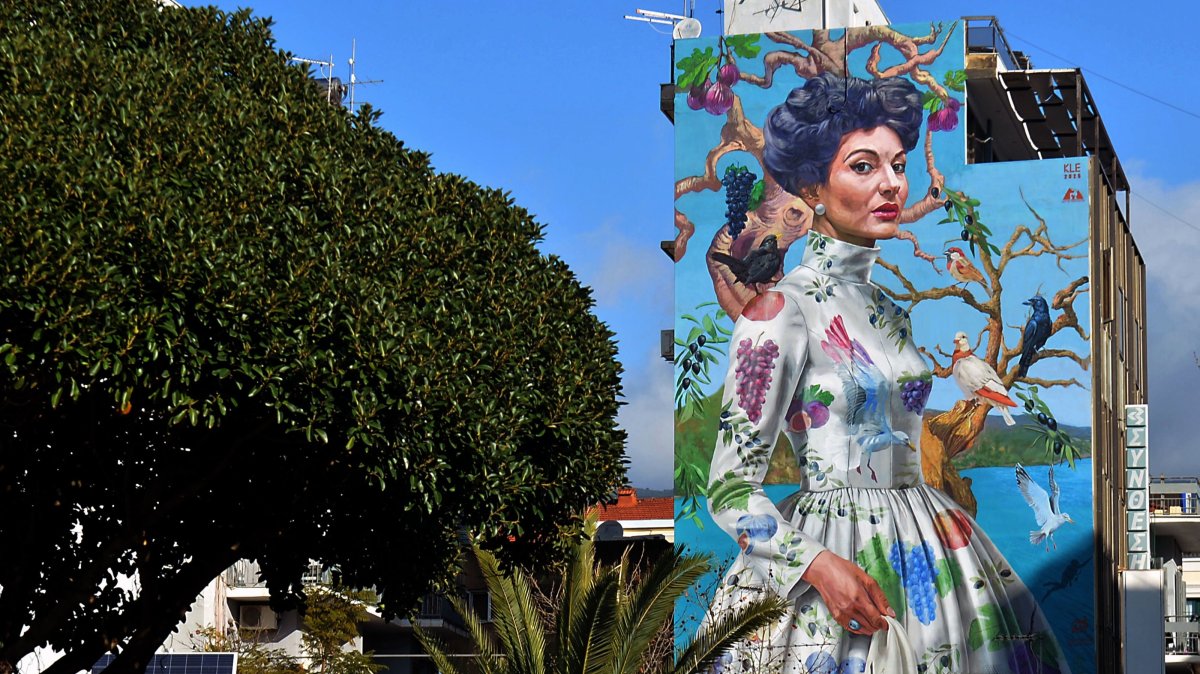 A towering street mural of Maria Callas in the city centre created by Greek visual artist Kleomenis Kostopoulos (KLE), Kalamata, Peloponnese, Greece, Feb. 2, 2026. (EPA Photo)
