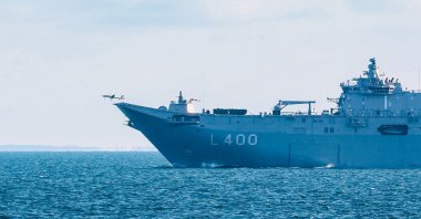 A Bayraktar TB3 armed unmanned aerial vehicle takes off autonomously from the short runway of the TCG Anadolu during NATO’s Steadfast Dart 2026 exercise, Feb. 15, 2026. (DHA Photo)