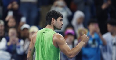 Spain’s Carlos Alcaraz celebrates after defeating France's Arthur Rinderknech during their men’s singles match at the Qatar Open tennis tournament, Doha, Qatar, Feb. 17, 2026. (AFP Photo)