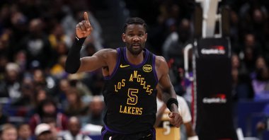 Los Angeles Lakers' DeAndre Ayton celebrates after scoring against the Washington Wizards during the second half at Capital One Arena in Washington, U.S., Jan. 30, 2026. (AFP Photo)
