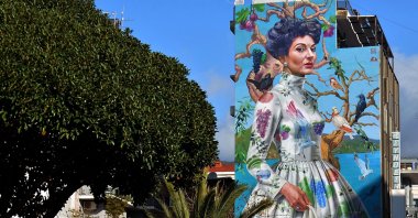 A towering street mural of Maria Callas in the city centre created by Greek visual artist Kleomenis Kostopoulos (KLE), Kalamata, Peloponnese, Greece, Feb. 2, 2026. (EPA Photo)