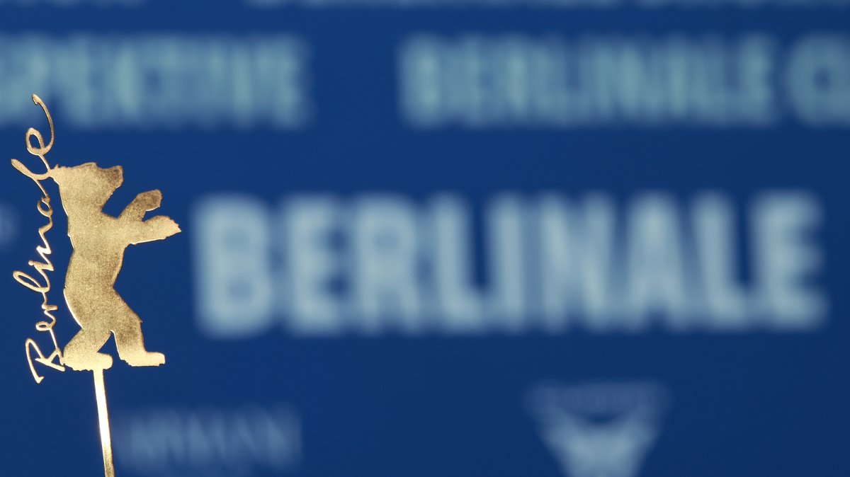 A Golden Berlinale Bear logo is displayed at a press conference for "At the Sea" during the 76th Berlin International Film Festival, Berlin, Germany, Feb. 2026. (EPA Photo)