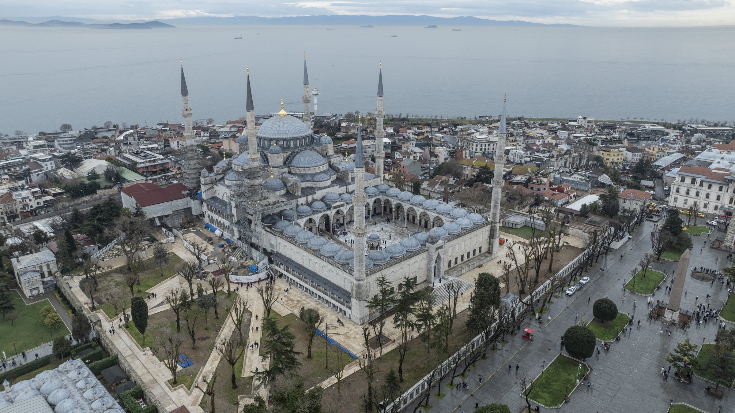 An aerial view of the Sultanahmet Mosque highlights its six minarets, expansive courtyard and central dome, Istanbul, Türkiye, Feb. 13, 2026. (AA Photo)